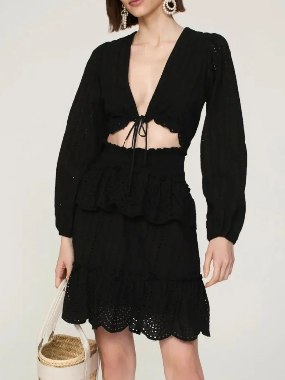 AREA STARS Lela Mini Dress Black Eyelet w/ Cutouts Deep V Tie Front Tiered MED